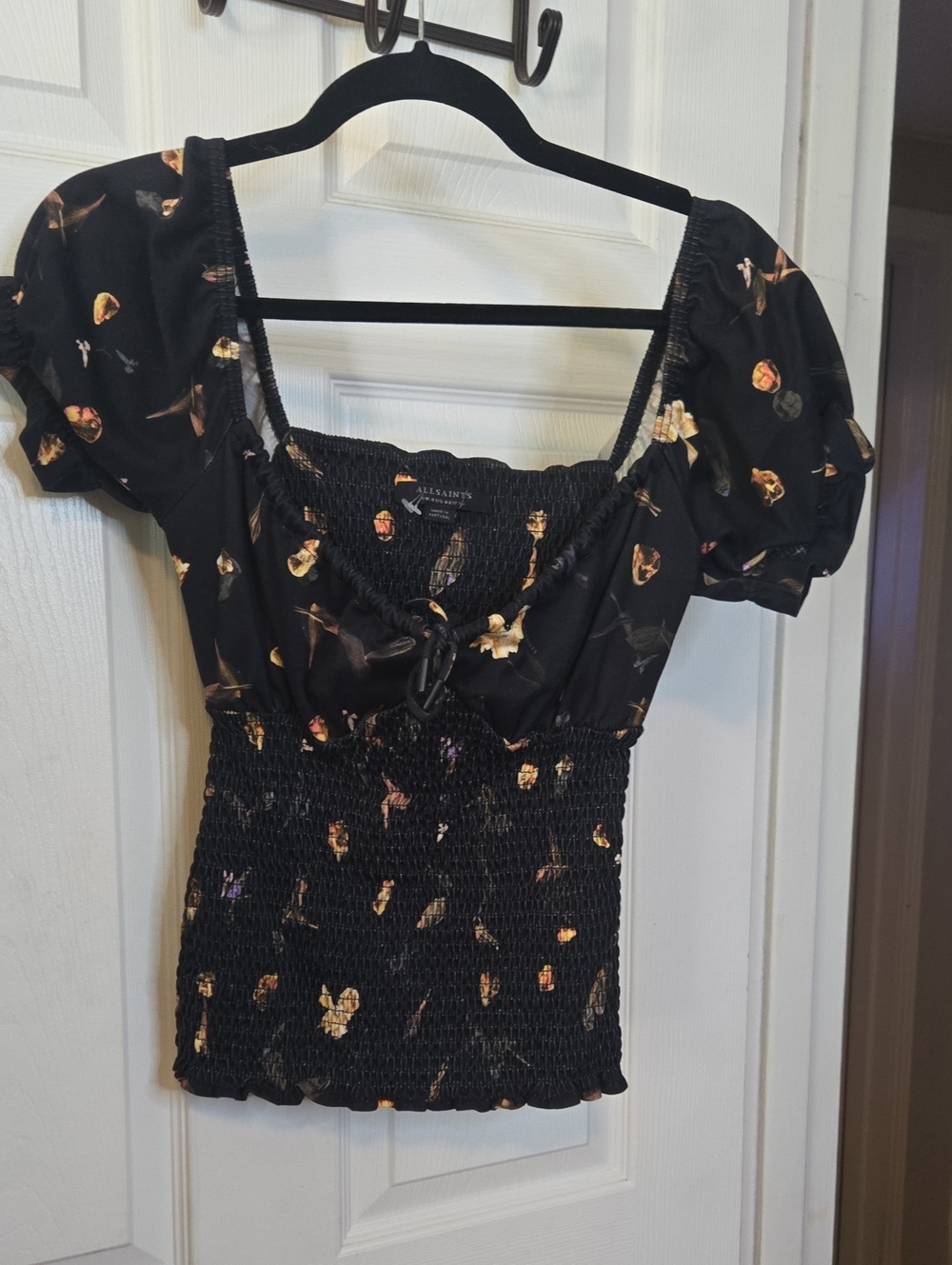 AllSaints Black Smocked Floral Crop Top